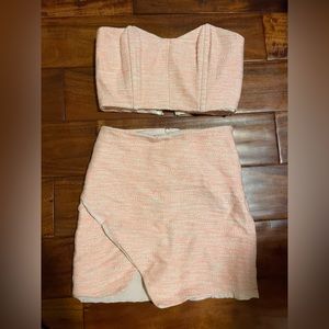 Two piece pink backstage set. Mini skirt and 2 crop tops